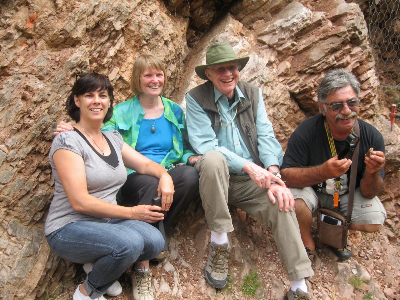 Geologist Walter Alvarez and colleagues at the K-Pg boundary site in Bottaccione Gorge near Gubbio, Italy