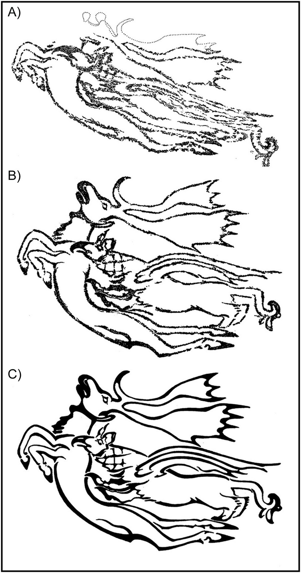 A three-panel black-and-white line drawing showing the same tattoo design in stages, from a faint stippled trace at top to a bold clean line drawing at bottom, depicting a stylized composite creature with a horned or antlered head, a beaked face, and a flowing winged body
