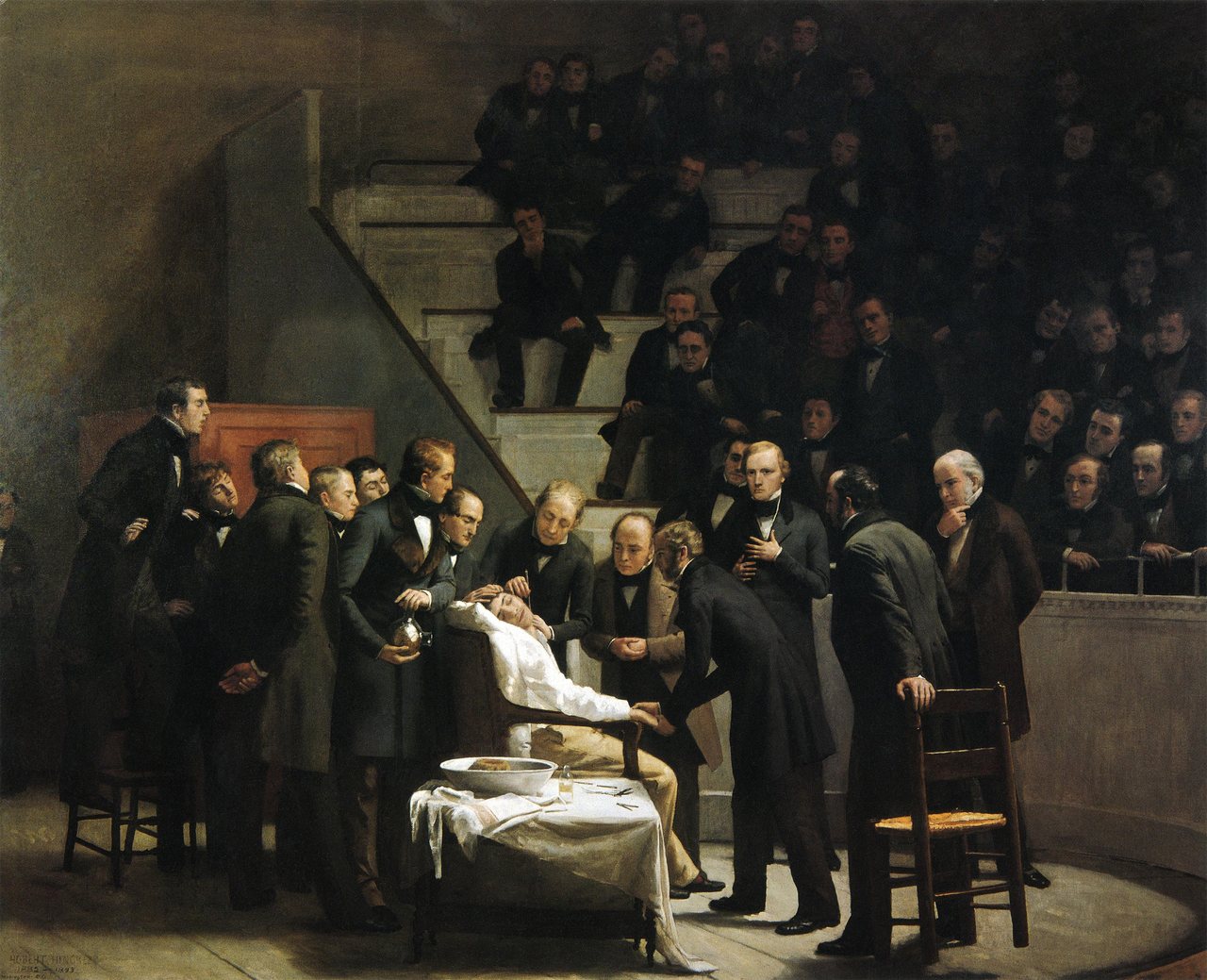 Robert Hinckley's painting The First Operation Under Ether, showing the 1846 public demonstration of ether anesthesia at Massachusetts General Hospital, with surgeons and observers around a patient