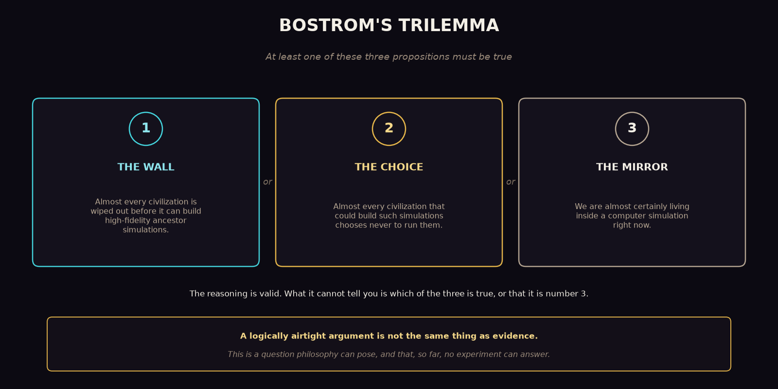 An original diagram titled 'Bostrom's Trilemma': three boxes reading (1) The Wall, almost every civilization is wiped out before it can build high-fidelity ancestor simulations; (2) The Choice, almost every civilization that could build such simulations chooses never to run them; (3) The Mirror, we are almost certainly living inside a computer simulation right now, joined by 'or', above a note that a logically airtight argument is not the same thing as evidence