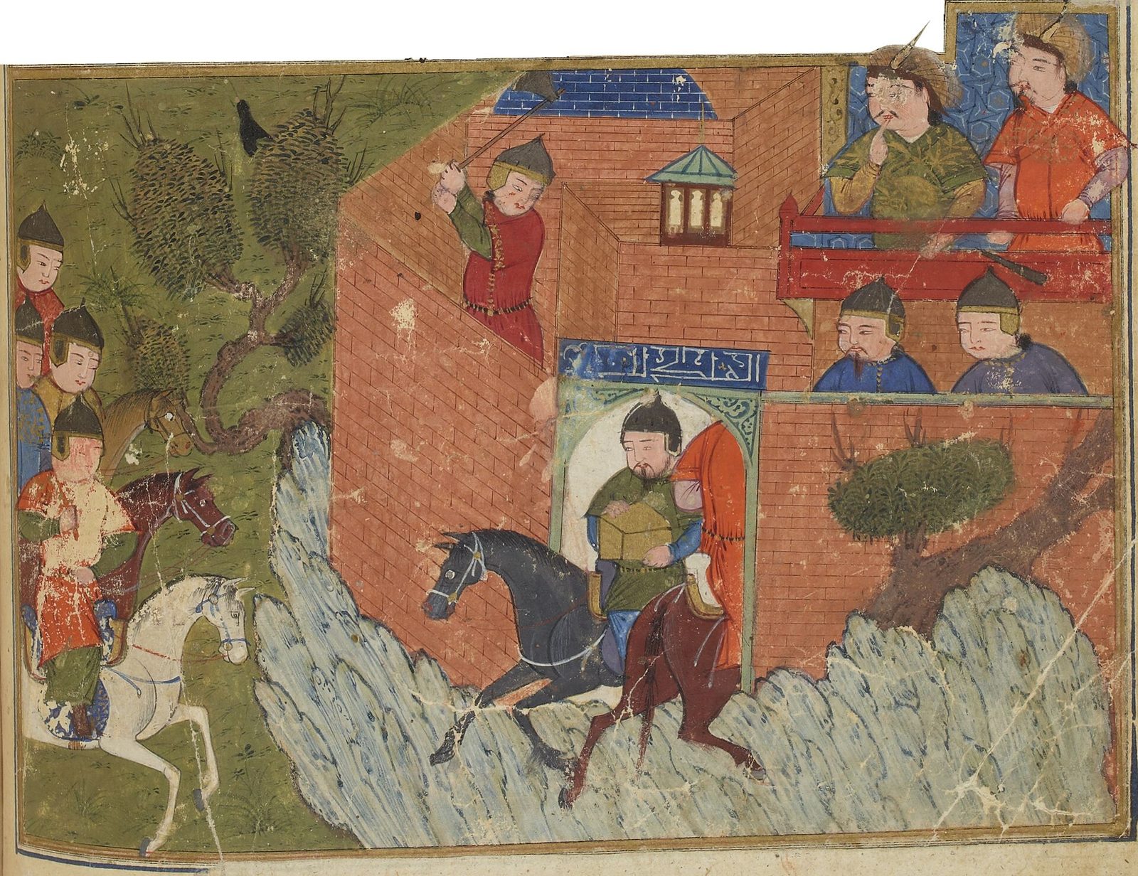 A damaged Persian manuscript painting with flaking pigment, a white diagonal crack across the lower right and a loss at the upper right corner. A pinkish-red brick fortress fills the centre. On the battlements a figure in a red robe swings a pick overhead. Riders on a black horse and a dark red horse pass out through a green arched gateway with a blue inscription panel above it. At the right, six men in Mongol helmets and robes look over red railings, two of them prominent at the top in feathered headgear. At the left a group of Mongol figures stands among stylised trees with a white horse and a dark bay.