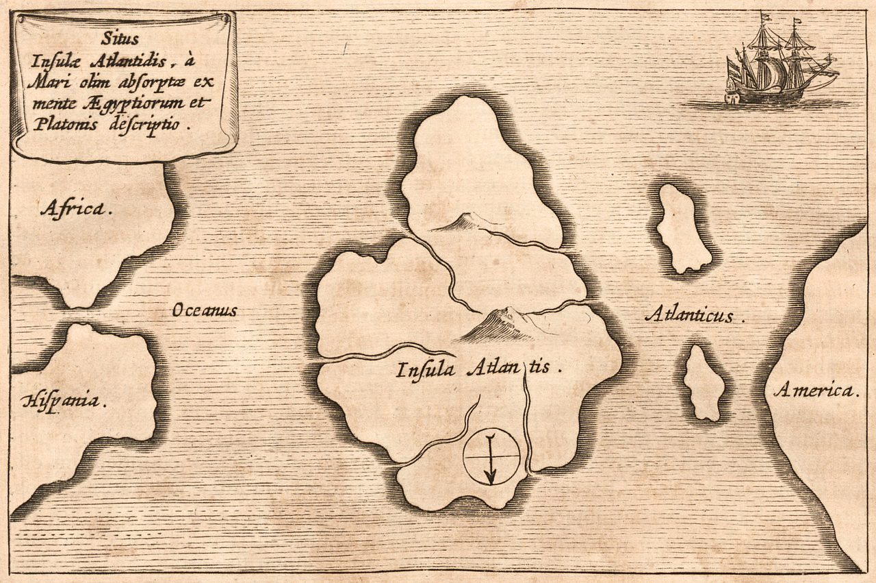 A 17th-century engraved map by Athanasius Kircher showing the imagined island of Atlantis positioned in the Atlantic Ocean