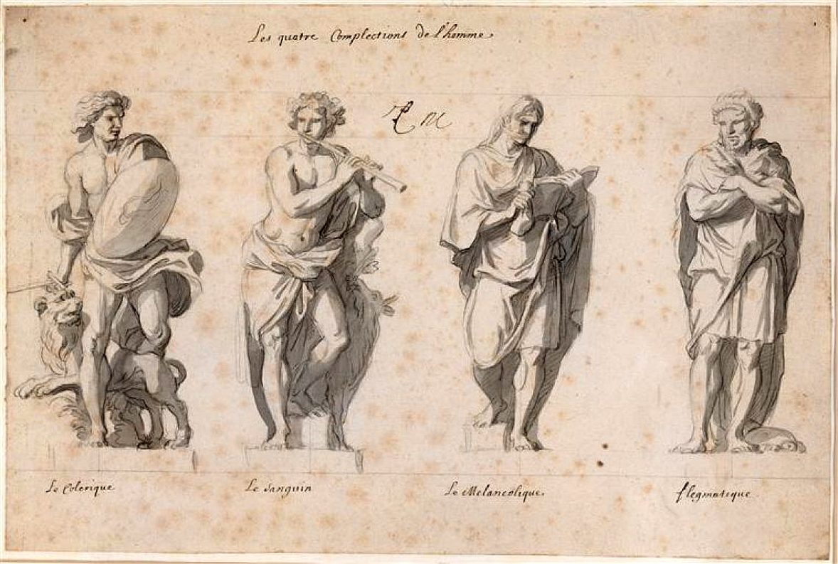 A landscape drawing in brown ink and grey wash on aged, spotted paper: four standing male figures spaced evenly across the sheet, each on a small base, with a line of handwriting across the top and a short handwritten label under each figure. From left to right, a bare chested young man holding a large oval shield with a lion crouched beside him, a curly haired youth playing a flute with a shaggy animal against his side, a robed figure with the face turned down and both hands closed at the chest beside a heavy dark cloak, and a bearded older man wrapped to the ankles with his arms folded.