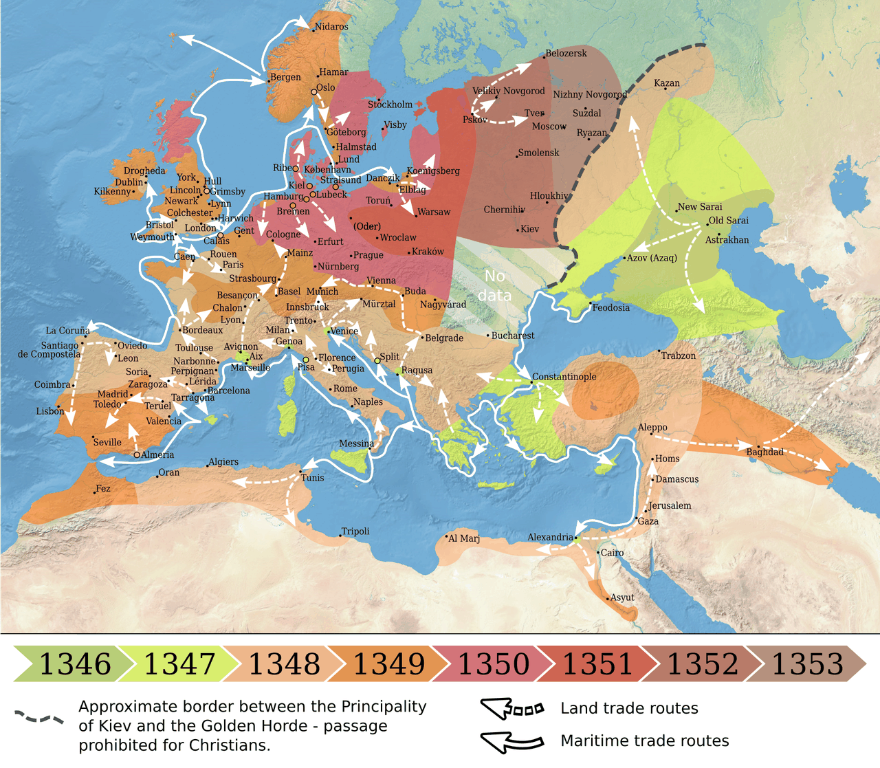 A shaded relief map of Europe, North Africa and the Near East with the advance of the Black Death drawn as coloured zones keyed to a year ramp running from 1346 to 1353 along the bottom, white arrows marking land and maritime trade routes, and a grey wedge labelled No data in the east