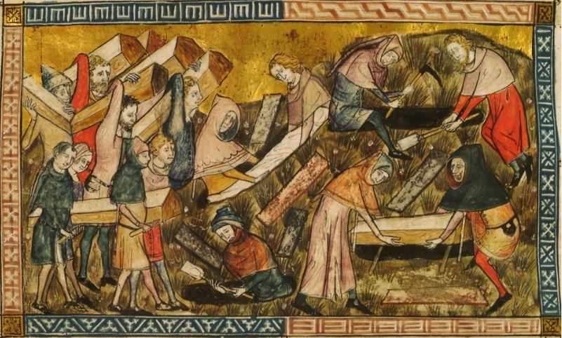 A gold ground medieval manuscript miniature inside a painted border: at the left a press of men carry wooden coffins on their shoulders, stacked and overlapping, several of them open with shrouded bodies visible; at the right two men swing picks into the ground while two figures handle a body at an open coffin
