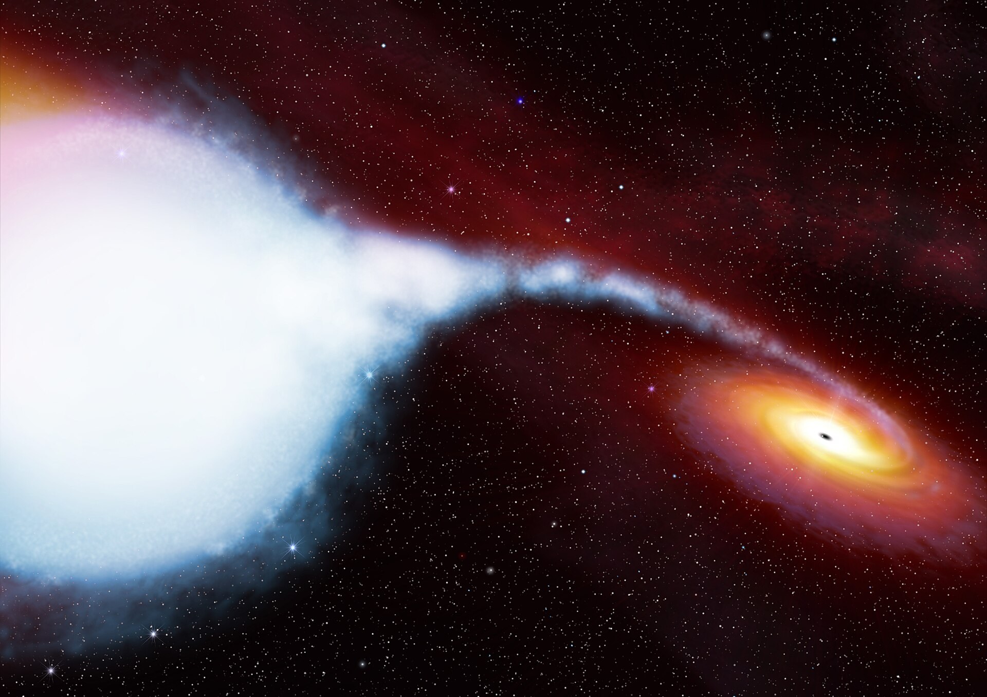 An artist's rendering of a bright blue-white supergiant star at left streaming a ribbon of gas across space into a glowing orange accretion disk around a small black dot at right, against a starfield