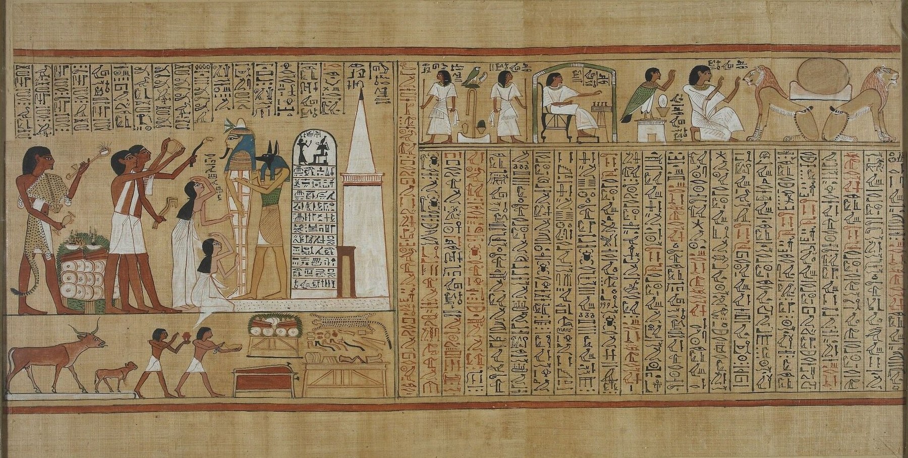 A brightly preserved painted papyrus. At the left a funeral scene: a figure in a leopard-skin garment holding implements, figures in white kilts raising ritual implements toward an upright mummy in a blue-striped headdress and floral collar, supported from behind by a jackal-headed figure, and two women in white gowns with arms raised, one kneeling and clutching the mummy's feet. To the right stand a round-topped stela and a tall white pyramidion on a base. Below are an ox and a calf, small figures carrying offerings, and stands of round loaves and vessels. The upper right carries a strip of small vignettes ending in two lion figures back to back flanking a sun disc, and the right half is filled with columns of hieroglyphs in black and red.