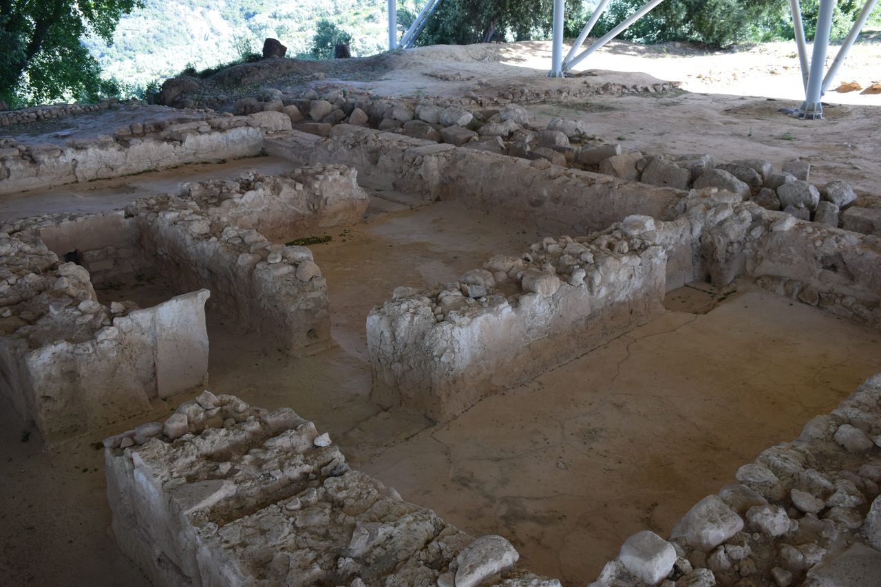 Excavated stone wall foundations forming a block of rectangular rooms with smooth pale earth floors, seen from above in flat even shade, with the white steel legs of a modern canopy standing on the ground across the top of the frame and trees on a hillside beyond