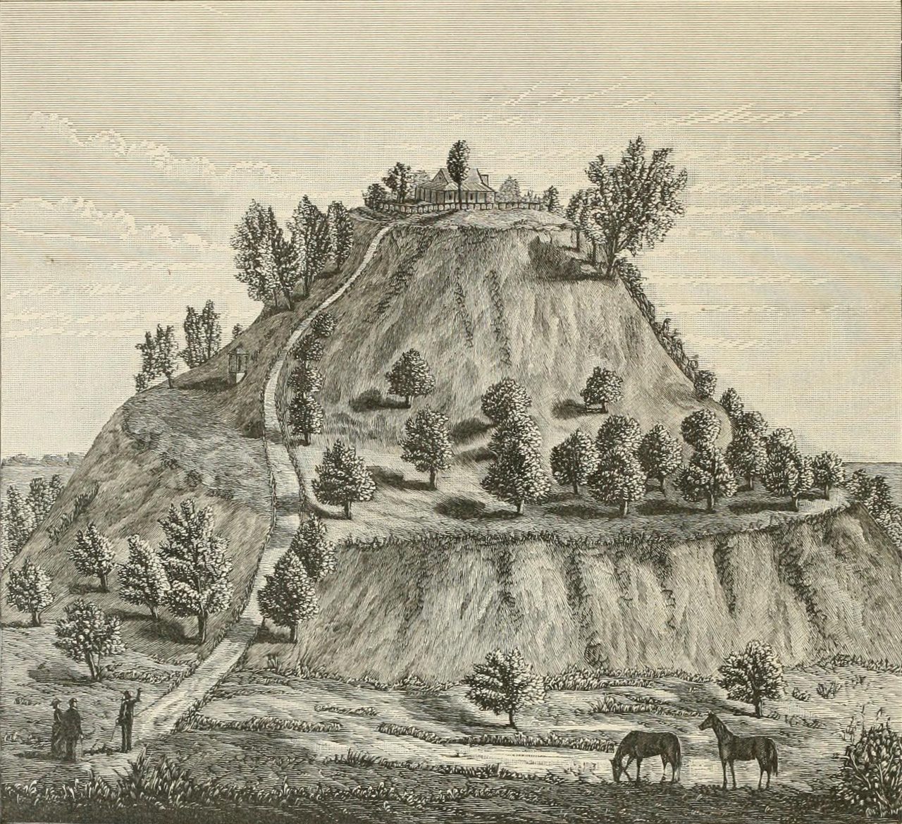 A 19th-century engraved illustration of Monks Mound, from the era when antiquarians debated who built the mounds