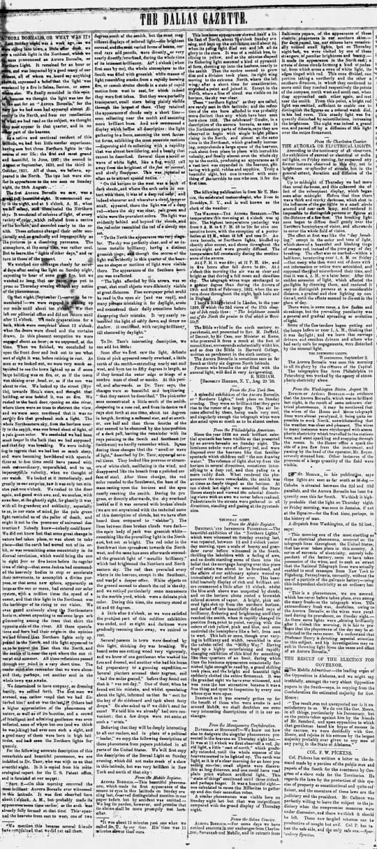 A tall narrow view of part of a nineteenth century newspaper page: four columns of very small close set type, broken here and there by a short heading in small capitals, on paper gone grey and speckled with age, beneath a display masthead reading The Dallas Gazette.