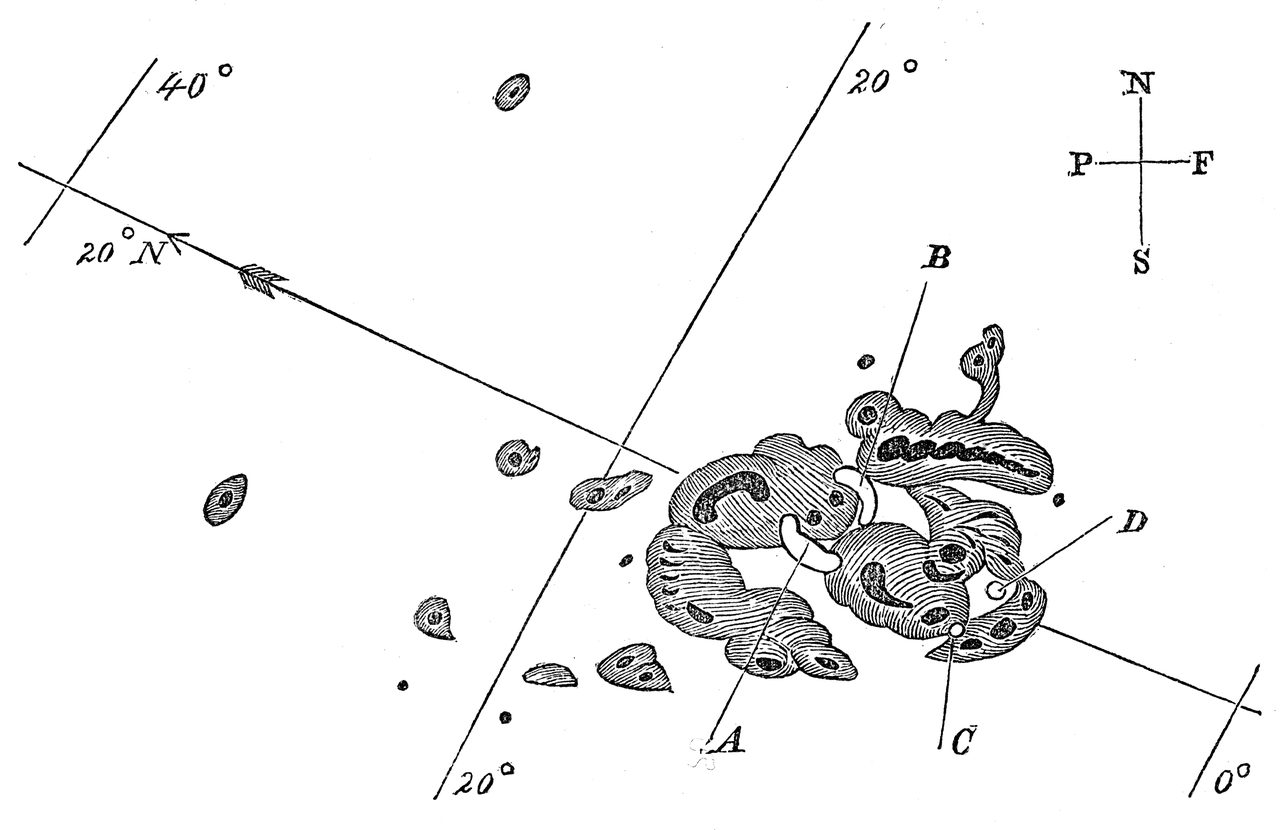 A nineteenth century line engraving of a sunspot group: dark hatched kidney shaped masses with black cores on a plain pale ground, a scatter of smaller spots away to the left, ruled degree lines crossing the field, a small compass cross lettered N, S, P and F at the upper right, and four leader lines running in from the letters A, B, C and D.