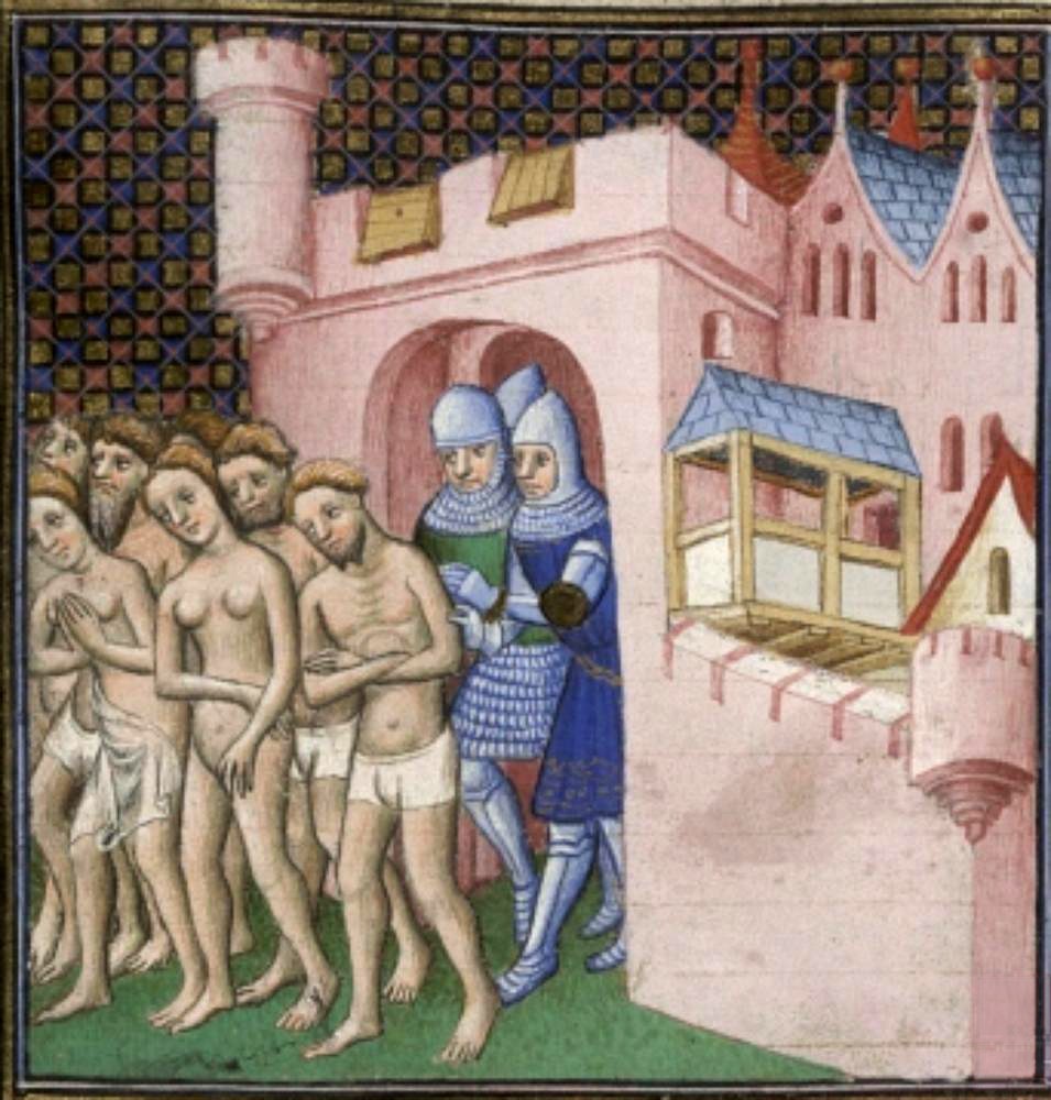 A medieval manuscript illumination. About eight figures, men and women, stripped to loincloths or naked and several covering themselves with their hands, are marched out of a city gate by two soldiers in mail and plate armour with helmets, one in a green surcoat and one in blue. The city is painted with pink walls and blue slate roofs. The background is a blue and gold chequered pattern.