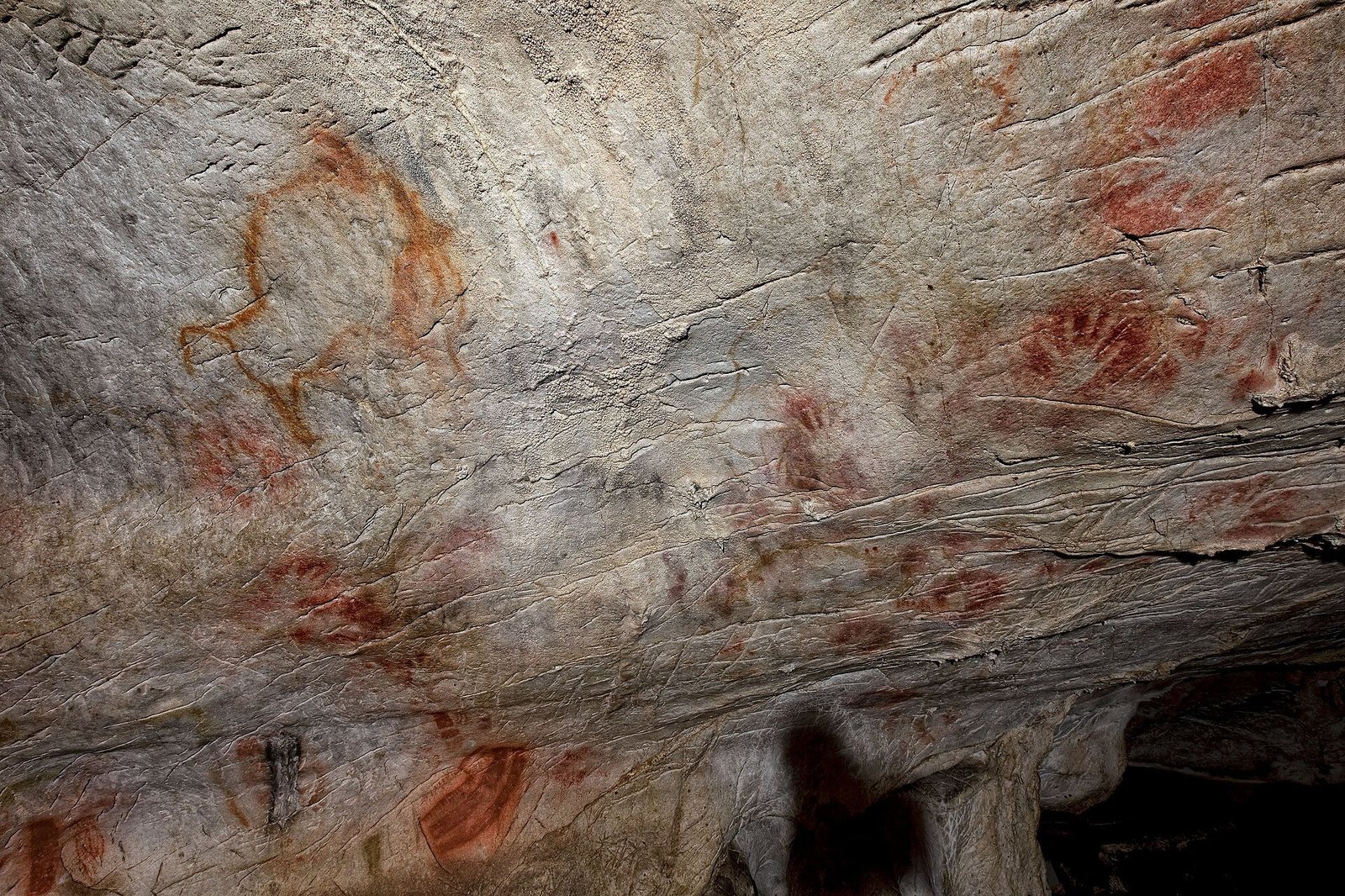A pale grey-tan limestone cave ceiling scattered with red and ochre negative hand stencils and a faint reddish outline of an animal at upper left, lit warmly against the natural cracks and contours of the rock