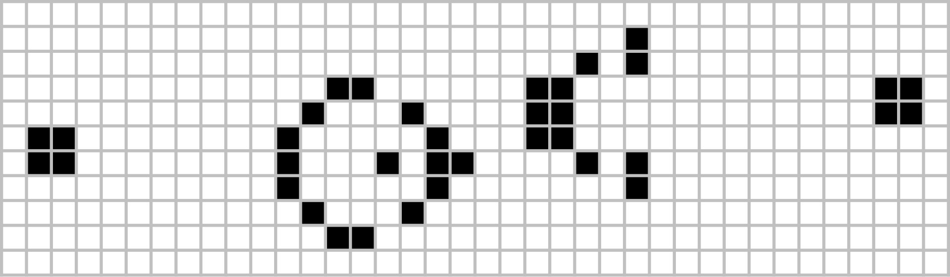 A diagram on a white grid of black square cells showing the Gosper glider gun from Conway's Game of Life: two central shuttle structures flanked by stabilizing blocks, with a small glider pattern being emitted toward the upper right