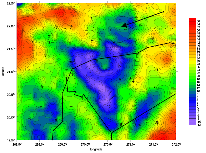 Published Free-Air gravity anomaly map of the Chicxulub structure, with an arrow marking a possible companion-crater feature
