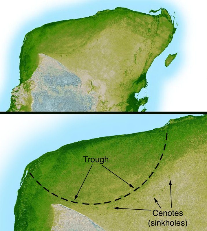 NASA shaded-relief radar topography image of the Yucatan Peninsula, color-coded by elevation, showing the subtle circular expression of the buried Chicxulub crater
