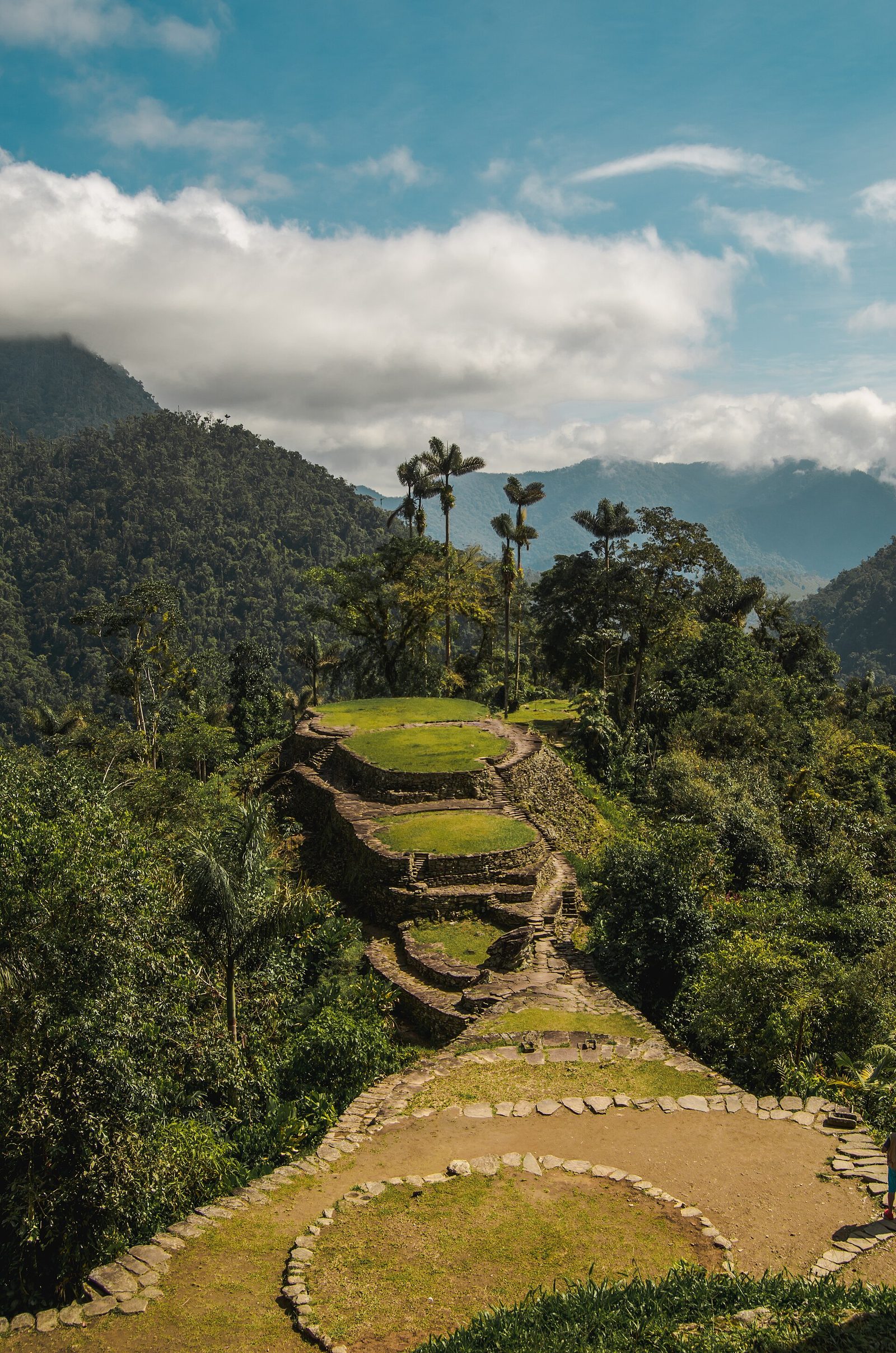 A view along a terraced ridge. Circular and oval grass platforms are held up by walls of coursed stone, stepping upward one behind another, joined by short stone stairways and a paved stone path that runs toward the camera. Tall slender palms rise from the trees behind the highest terrace. Forested ridges and low cloud fill the distance under a blue sky.