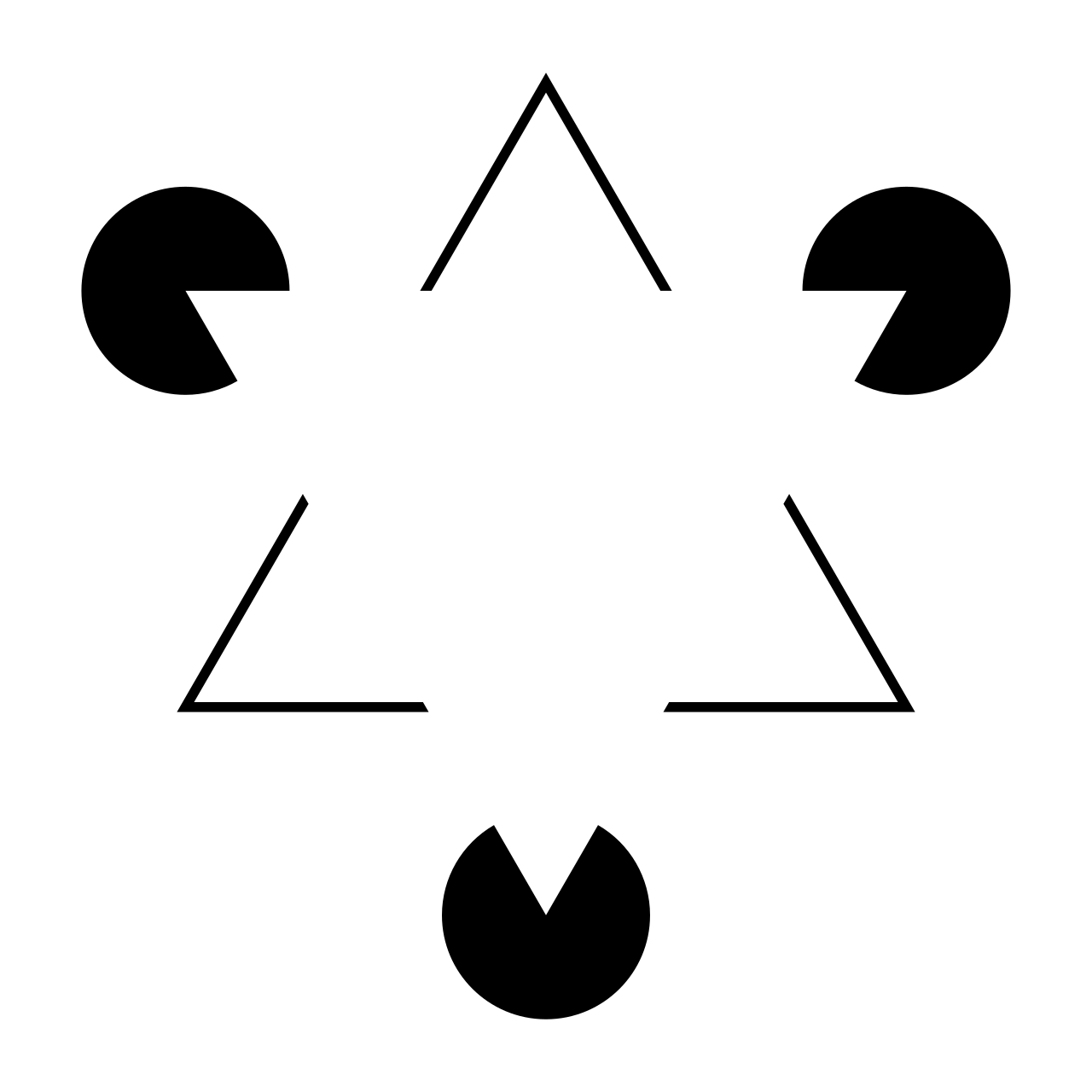A square black and white diagram on a plain white ground: three solid black circles, each with a triangular wedge cut out of it, are arranged at the upper left, the upper right and the bottom of the frame, and between them three thin black angle marks trace the three corners of a triangle pointing upward, each side left open where it approaches a circle