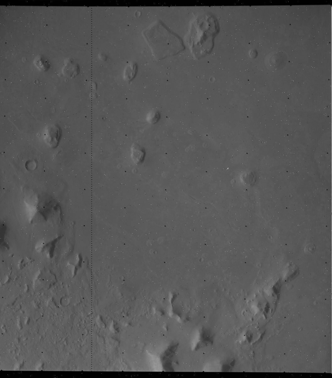 A tall grayscale orbital photograph of a broad and almost featureless Martian plain in very low contrast, with solid black bands across the top and bottom edges, a regular grid of small black dots spaced evenly across the whole image, a dotted vertical line running the full height of the frame, a dense scatter of tiny black and white speckles, and small low knobs, flat topped mounds and shallow craters picked out by soft shadows