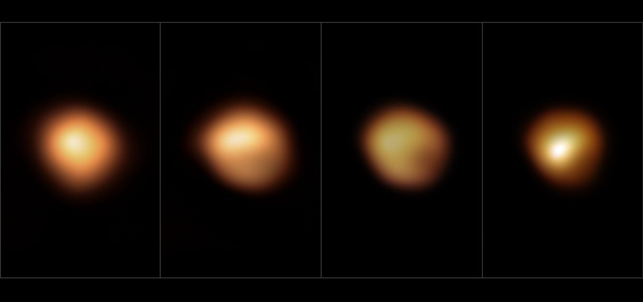 Four side by side images of the disc of Betelgeuse, the leftmost evenly bright, and the three to its right dimming in sequence one after another across the lower part of the disc