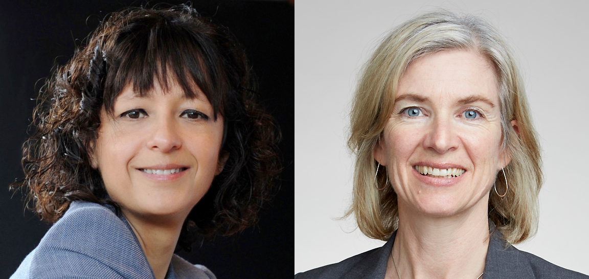 Two separate studio portraits joined side by side. On the left a woman with dark curly shoulder-length hair and a fringe, in a pale blue-grey knit top, smiling against a black background. On the right a woman with straight fair and grey shoulder-length hair, wearing hoop earrings, a fine chain necklace and a grey blazer, smiling against a plain light grey background. The different lighting and backgrounds make clear these are two photographs rather than one.