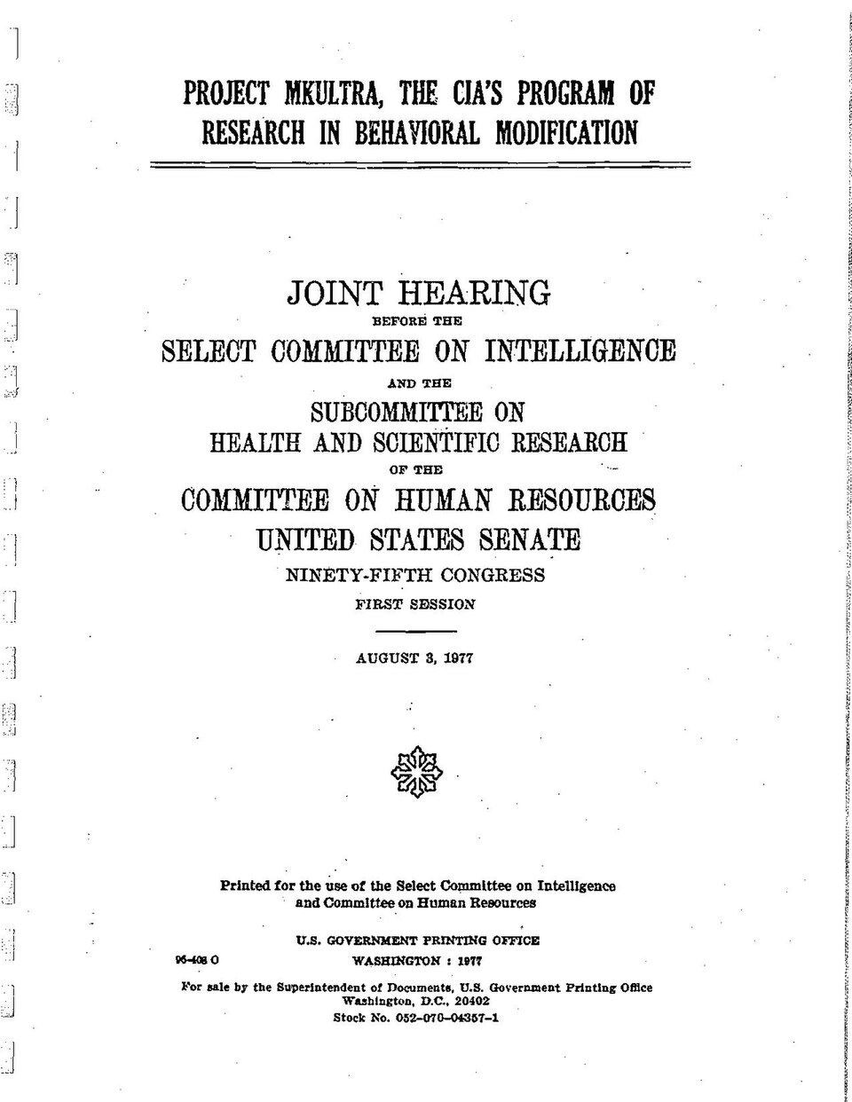A scan of a printed title page in portrait format, black type on off white paper, with the dark marks of a binding running down the left edge: a heavy two line title above a double rule, then centred lines naming a joint hearing and two committees, a congress and a session, a date, a small printer's ornament, and four lines of imprint at the foot.