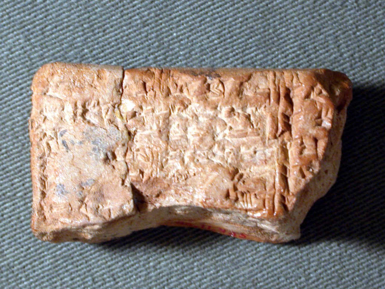 A thick broken fragment of a clay tablet on a plain background, its lower edge lost in a wavy break and its right side chipped away to a diagonal. The face is covered in small cuneiform signs, divided by one ruled vertical line toward the right; a pale seam running down the left third is a crack, not a rule, with the two faces sitting at slightly different levels. A glossy surface film runs across the face, and grey-blue staining under it covers the left third.