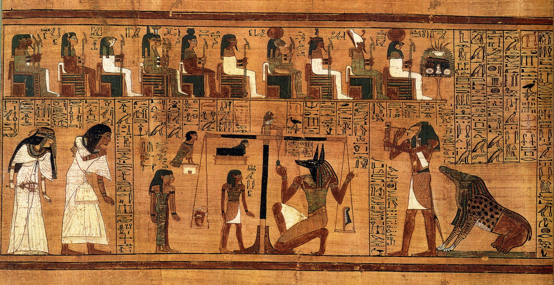 The ancient Egyptian Weighing of the Heart scene from the Papyrus of Ani: the jackal-headed god Anubis weighs a heart against the feather of Ma'at on a balance scale, watched by judge-gods, while the monster Ammit waits and the ibis-headed Thoth records the verdict