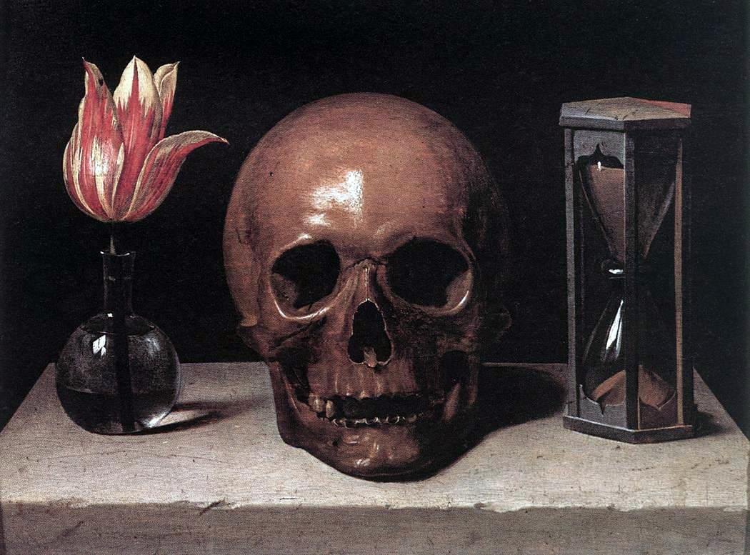 A 17th-century vanitas still-life painting by Philippe de Champaigne, showing a human skull between a tulip and an hourglass