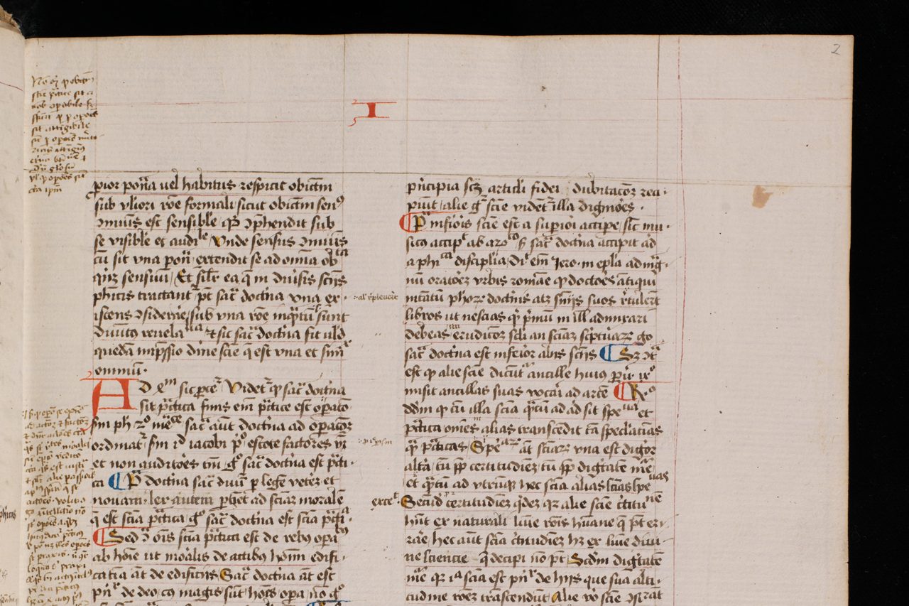 The upper part of a photographed folio of a fifteenth-century manuscript of the first part of Thomas Aquinas's Summa theologiae, held by the University Library of Basel