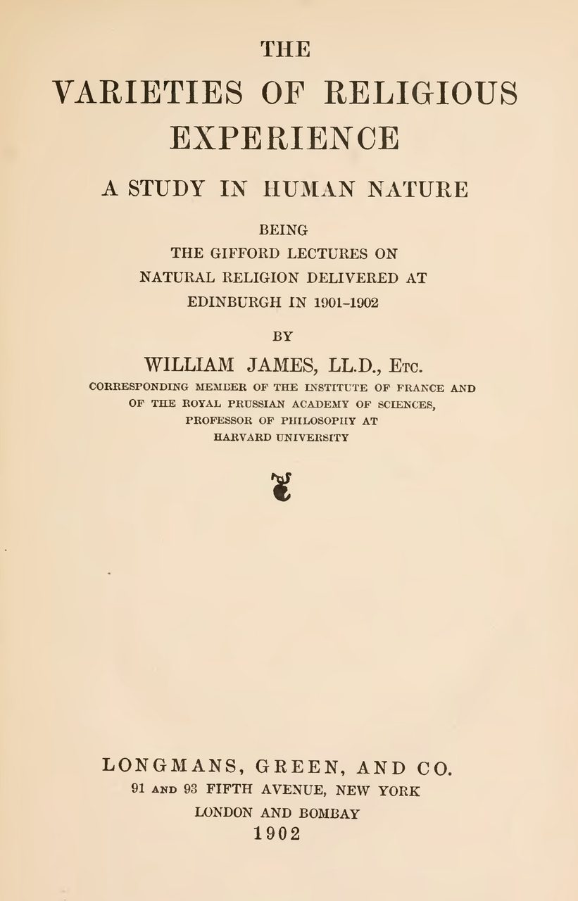 The printed title page of the 1902 edition of William James's The Varieties of Religious Experience, naming it as the Gifford Lectures on natural religion delivered at Edinburgh
