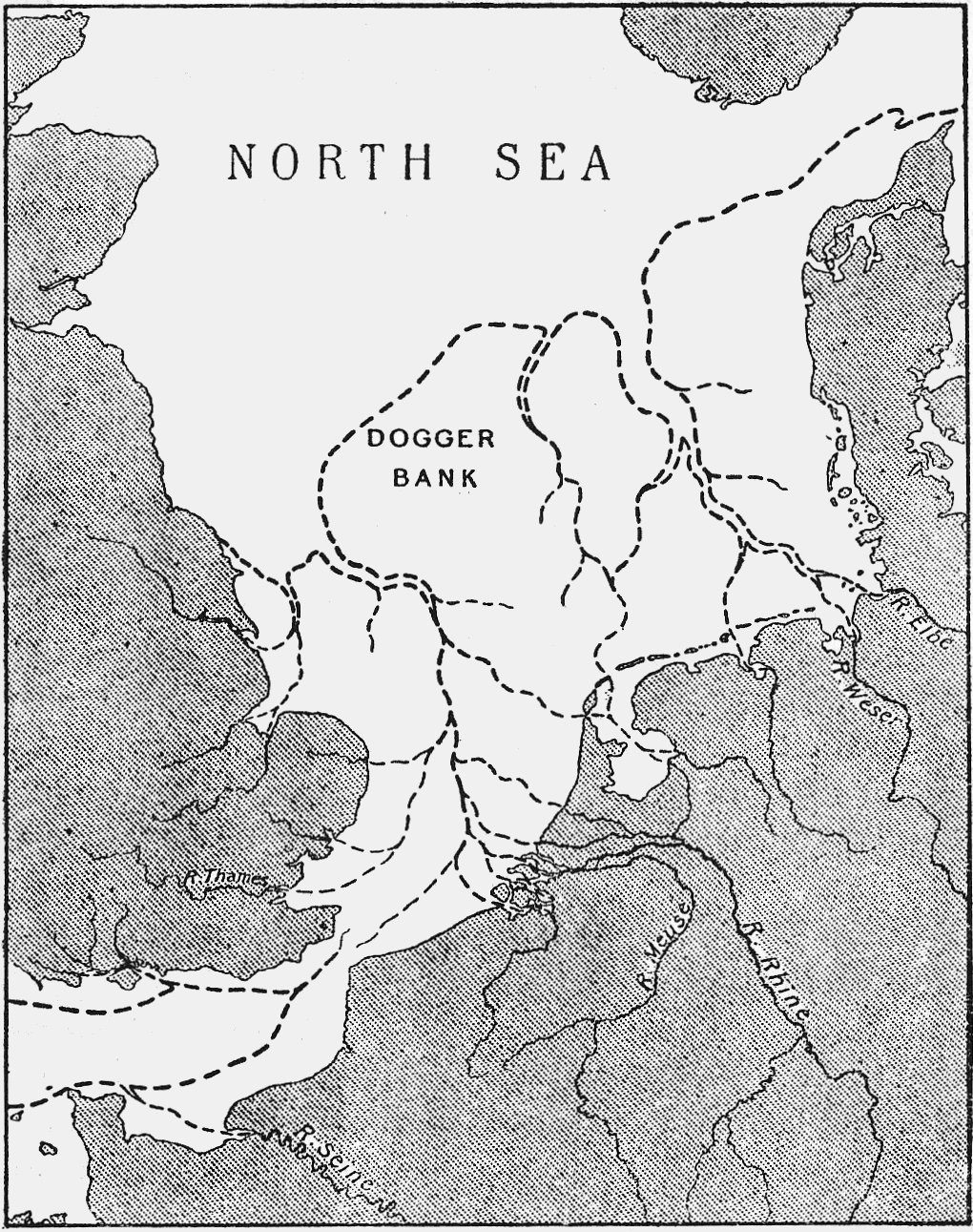 A black and white line map headed NORTH SEA. Land masses are shown in dense stipple and the sea is left white. DOGGER BANK is lettered across the centre of the open sea. Dashed lines run across the sea floor tracing river courses, converging from the Thames, Rhine, Meuse, Weser and Elbe, with the Seine at the lower left.