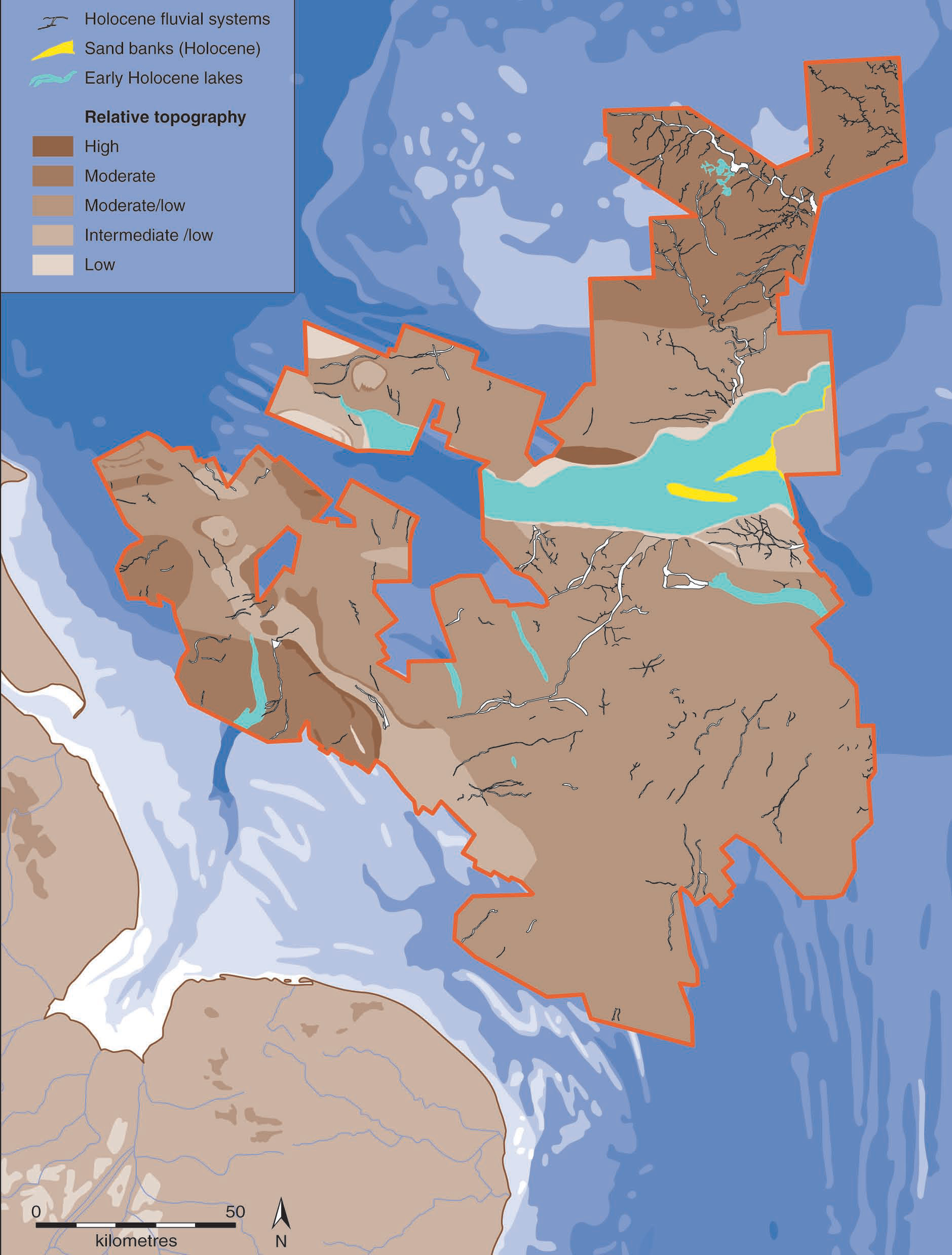 A map of part of the southern North Sea. Irregular survey blocks are outlined in orange-red over the sea floor. Inside them the ground is coloured in graded browns for relative topography from high to low, threaded with fine black dendritic lines marking river channels, with cyan patches for early Holocene lakes and a yellow streak for a sand bank. A key at the upper left lists the categories, and a scale bar at the foot reads zero to fifty kilometres.