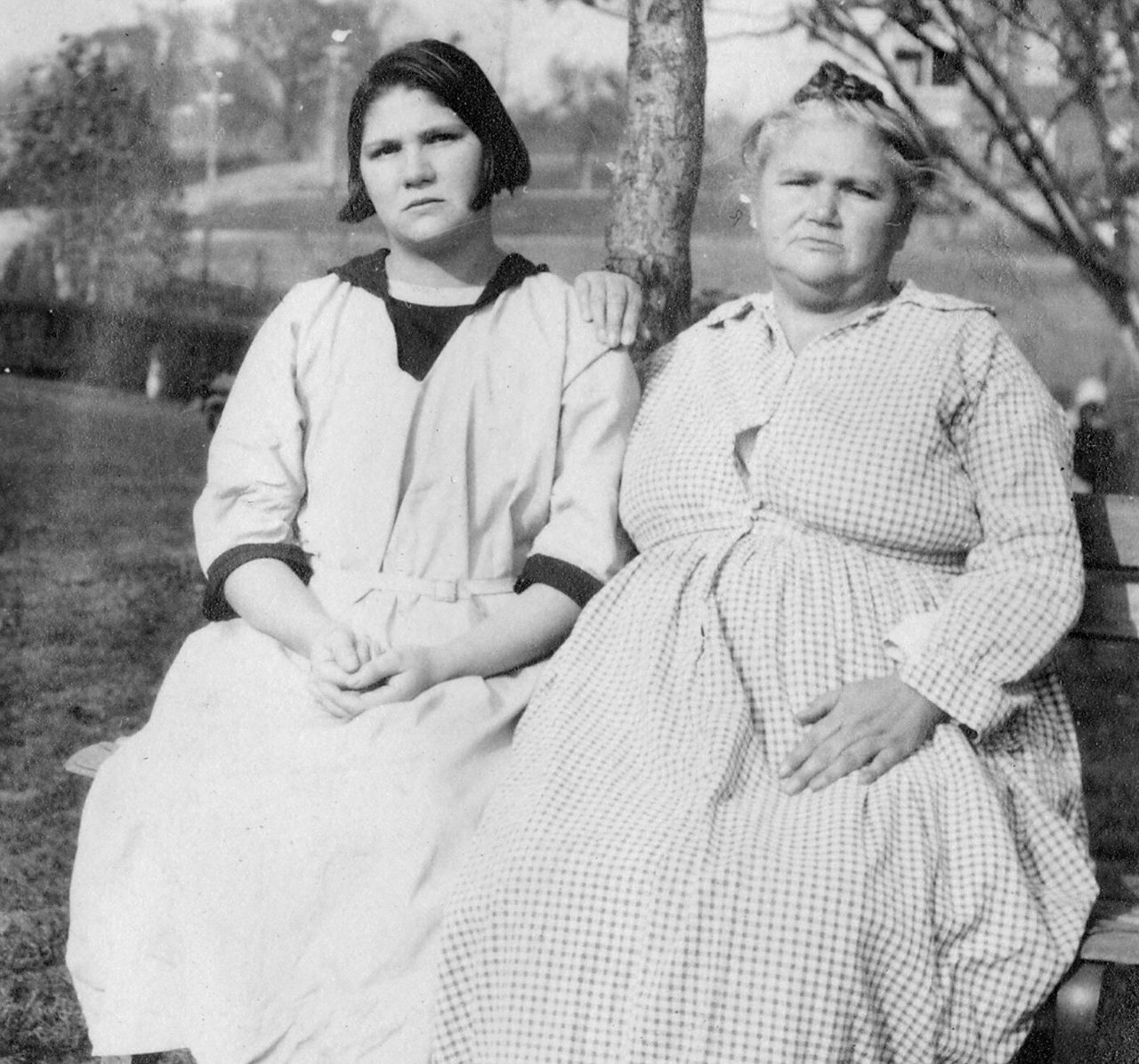 A photograph of Carrie Buck and her mother Emma Buck at the Virginia Colony for Epileptics and Feebleminded, taken in November 1924