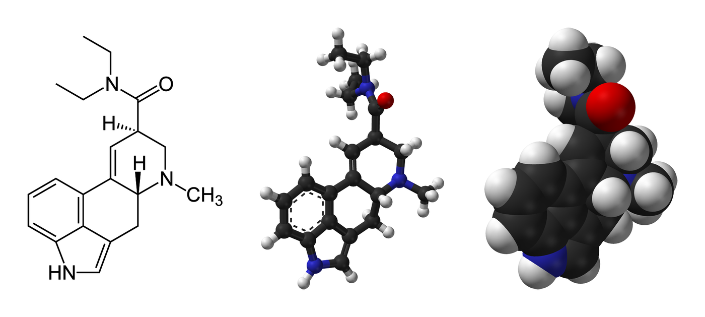 The chemical structure of the LSD molecule shown as a skeletal formula and as ball-and-stick and space-filling models