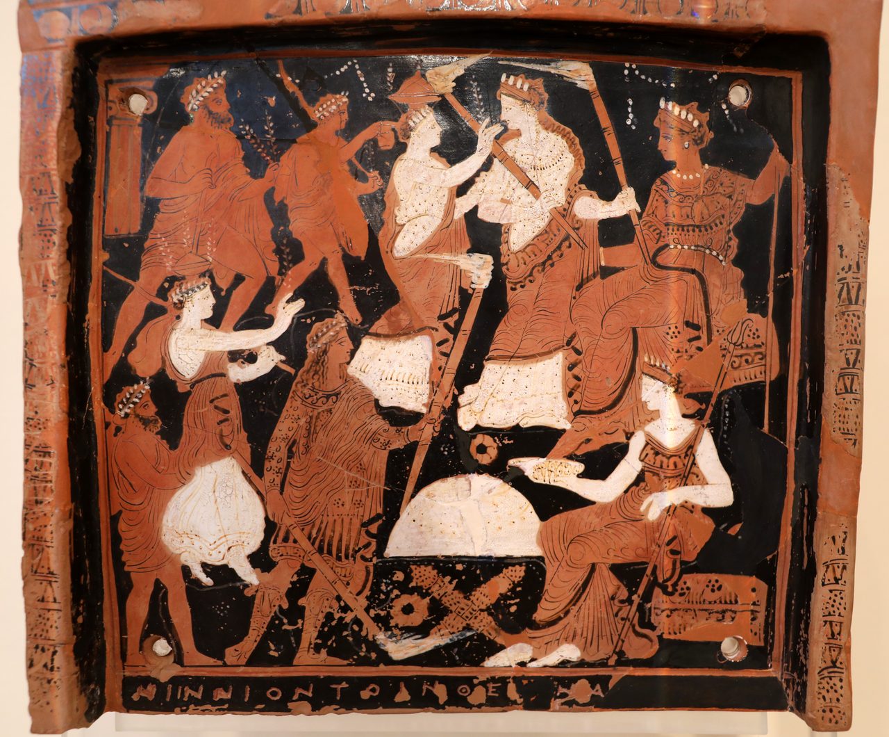 The Ninnion Tablet, a red-figure terracotta votive plaque showing Demeter and Persephone receiving a procession of initiates