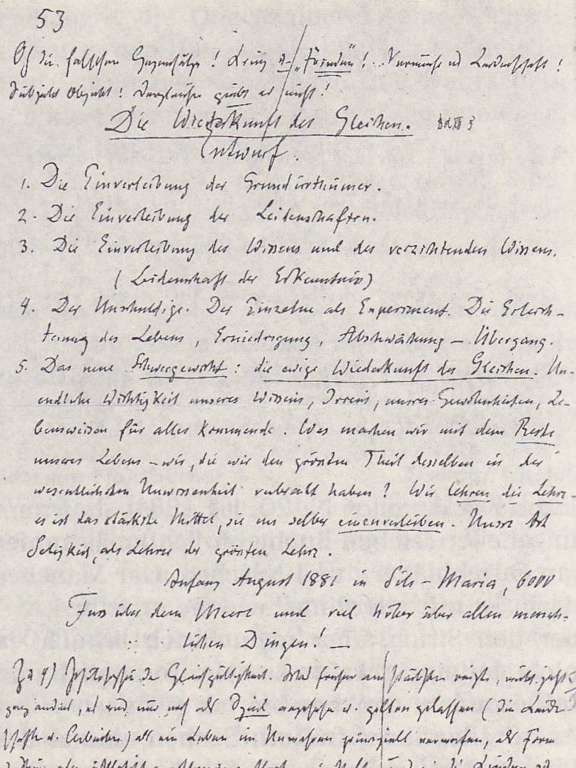 A reproduction of a densely handwritten German notebook page numbered 53, carrying an underlined heading and a numbered list of five items