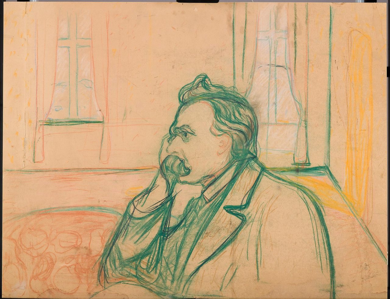 A loosely worked coloured work on tan paper showing Nietzsche seated and turned to the left of the frame in front of two tall curtained windows