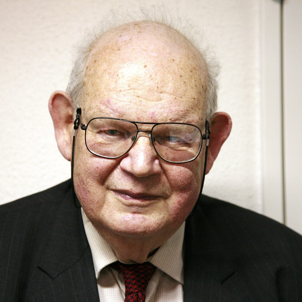 A portrait photograph of an elderly Benoit Mandelbrot, bald with white hair at the sides, wearing glasses on a cord and a dark pinstripe suit, against a light wall
