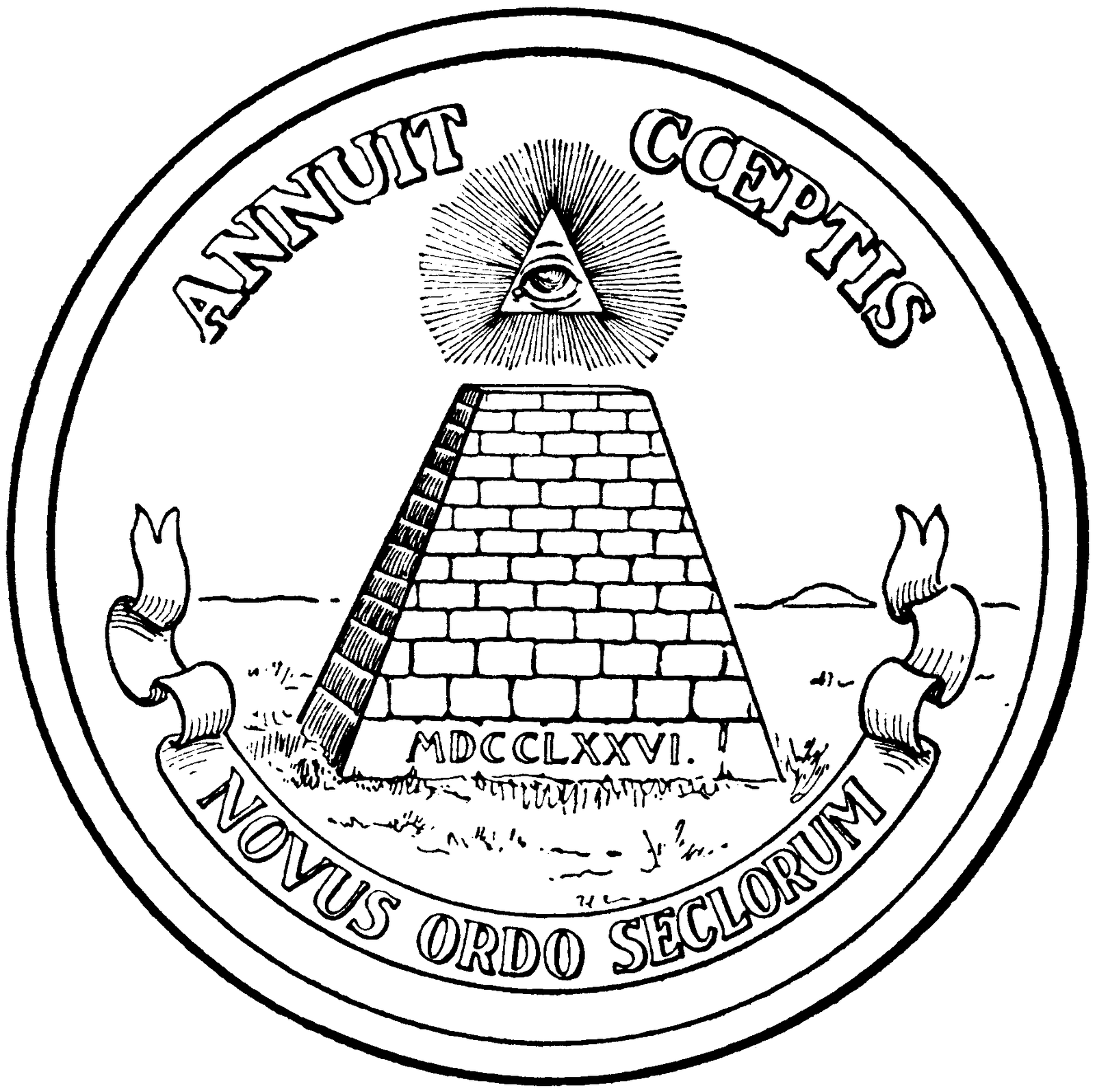 A black line engraving on white. An unfinished stepped pyramid of thirteen courses stands on open ground with the Roman numerals MDCCLXXVI cut into its base. Above the empty apex floats a radiant triangle enclosing a single eye. The words ANNUIT COEPTIS arch over the top inside a double circular border, and NOVUS ORDO SECLORUM runs along a scroll below.