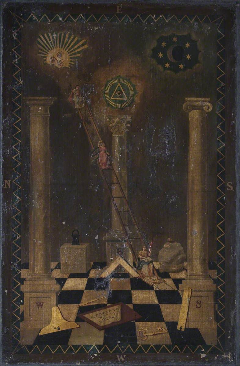 A dark painted panel. Two plain columns flank a central column with a Corinthian capital. A ladder rises diagonally from a black-and-white chequered pavement with small robed figures on its rungs. A radiant sun face is at upper left, a crescent moon among stars at upper right, and a radiant triangle enclosing an eye at the centre top. Working tools lie on the pavement: a level, a plumb rule, a key, a rough stone and a smoother one, a lantern. The letters E, N, S and W mark a gold zigzag border.