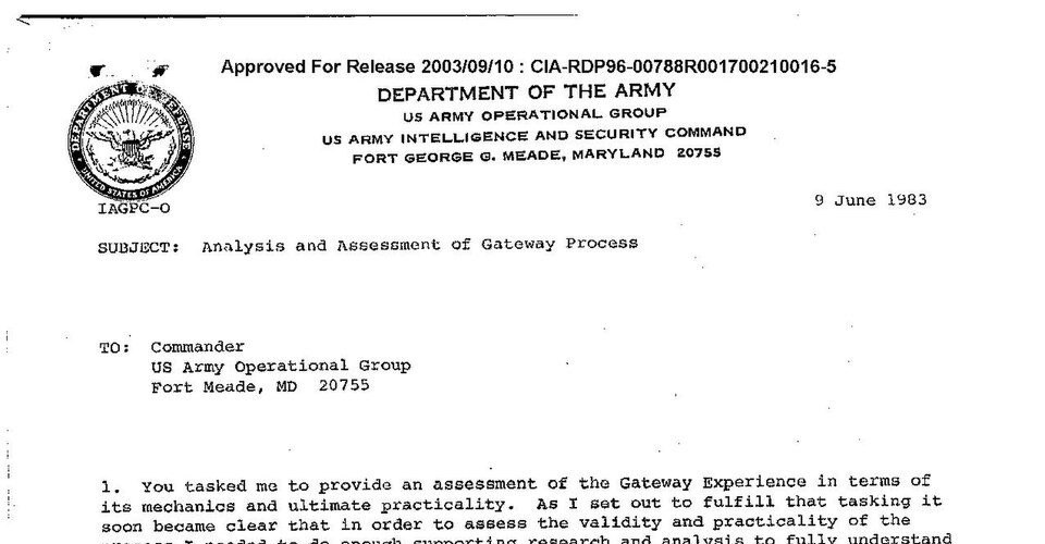 The top of a scanned typewritten memorandum: a circular embossed seal at the left, several lines of centred capitals naming an Army command, a date at the right, a subject line, an addressee block, and the opening lines of a numbered paragraph