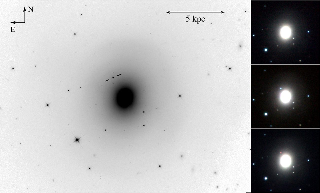 A large infrared telescope image of a galaxy printed in inverted greyscale, dark on a white sky, with a marked position and a physical scale bar, beside a vertical strip of three smaller colour frames of the same field: the galaxy alone, then the galaxy with a new point of light beside it, then that point fainter and redder
