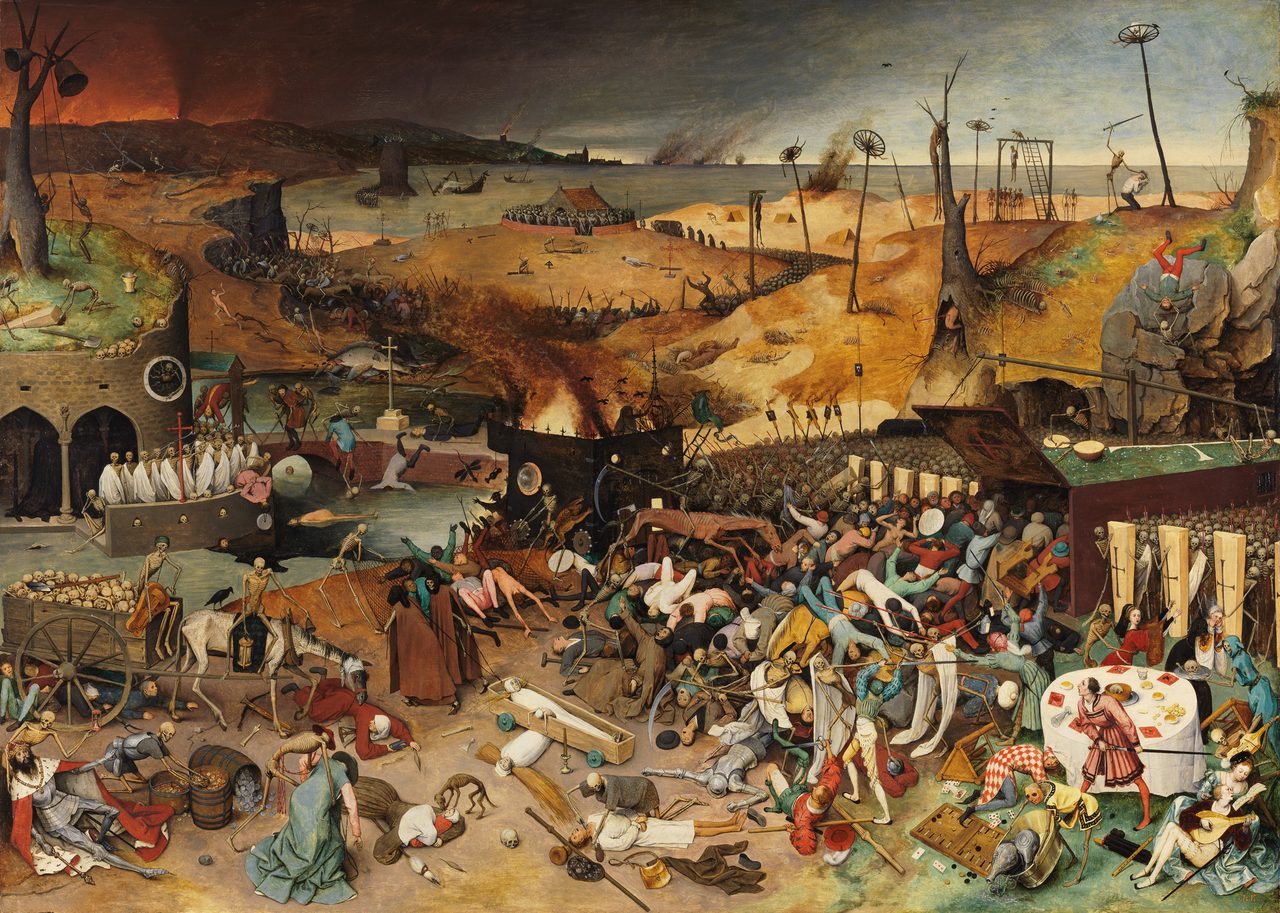 A panoramic oil painting of a blackened, desolate landscape where a great army of skeletons drives crowds of the living, drawn from every social class, toward an enormous coffin-shaped trap, with fires burning in the distance and wrecked ships littering a grey sea
