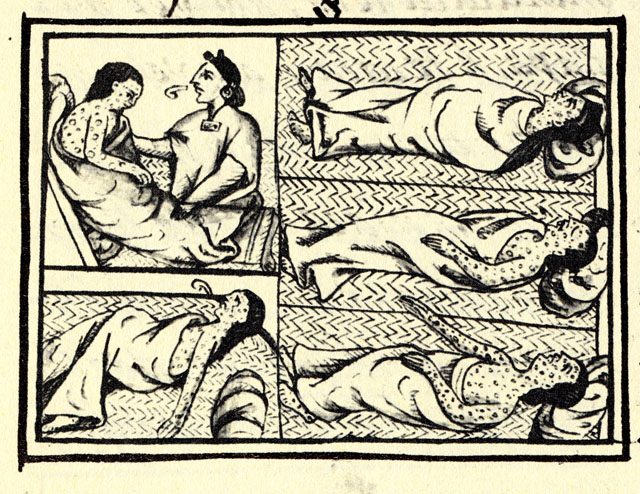 A sixteenth century illustration from the Florentine Codex showing Nahua people covered in smallpox pustules, with a healer tending to a victim