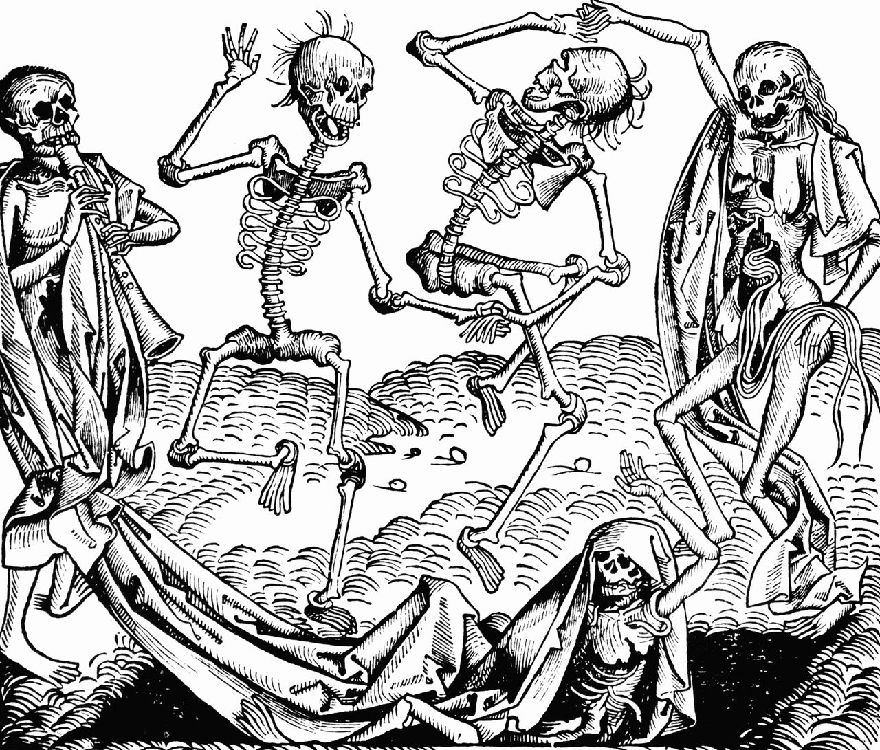 A woodcut of five cadaverous and skeletal figures dancing over an open grave: one shrouded figure playing a pipe, one dancing with arms raised, one contorted with exposed ribs, one long haired and shrouded, and one rising from the grave itself