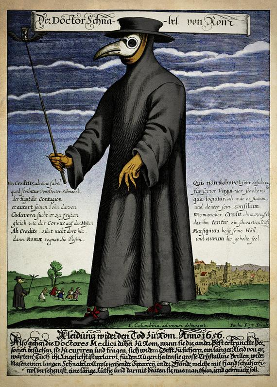 A hand colored engraving of a plague doctor in a long waxed robe, a beaked mask with glass eyepieces, a wide brimmed hat, and a long examining rod
