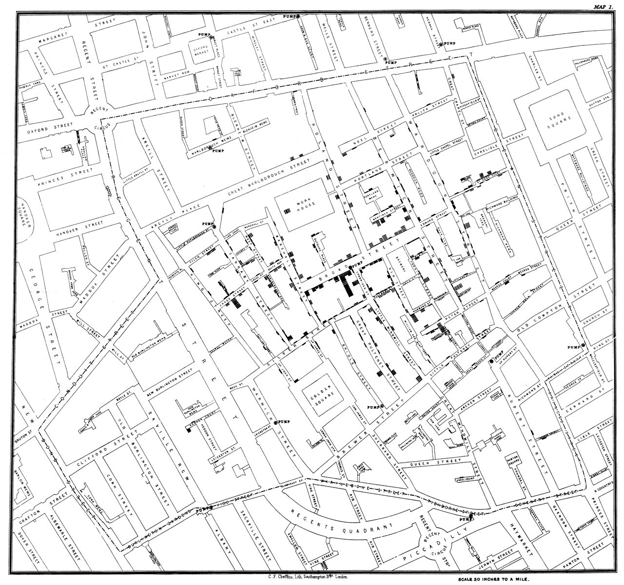 John Snow's own 1854 map of Soho, London, with black rectangles marking cholera deaths clustered densely around the Broad Street water pump