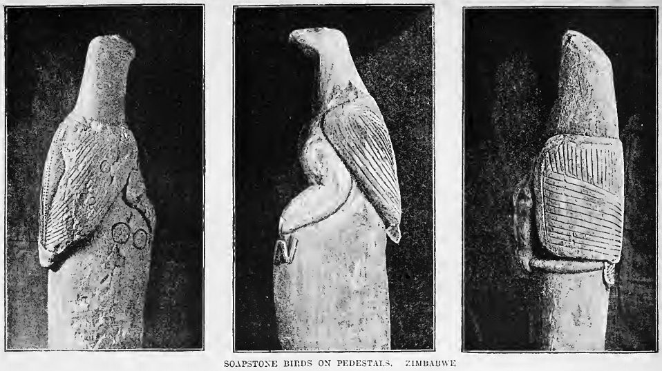 A historical 1892 photographic plate of soapstone Zimbabwe Bird sculptures mounted on their pedestals, from Theodore Bent's own expedition book
