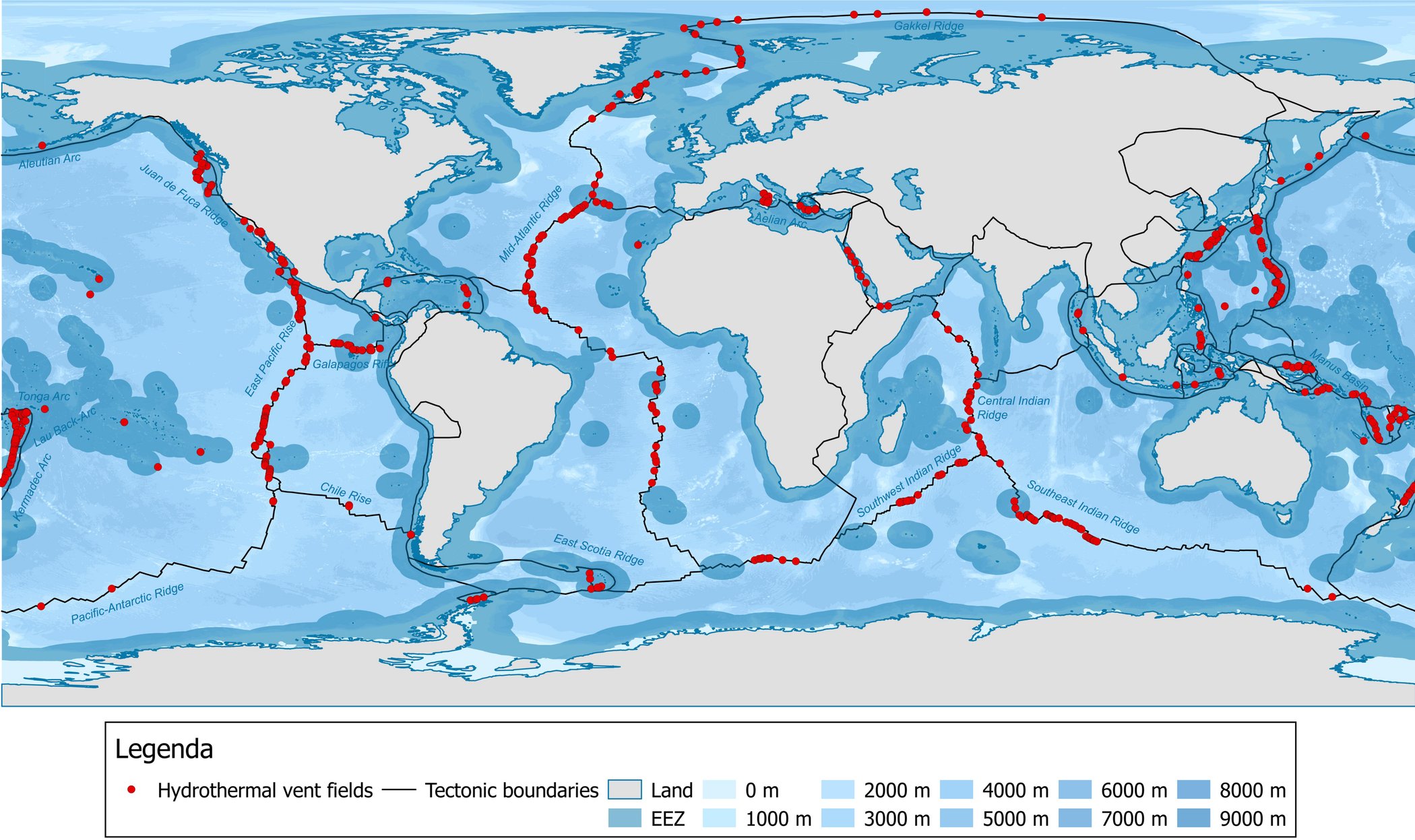 A world map with grey continents and blue oceans shaded by depth, with red dots marking hydrothermal vent fields; the dots trace continuous lines along the mid-ocean ridges and plate boundaries drawn in black, across the Pacific, Atlantic, Indian, and Arctic oceans